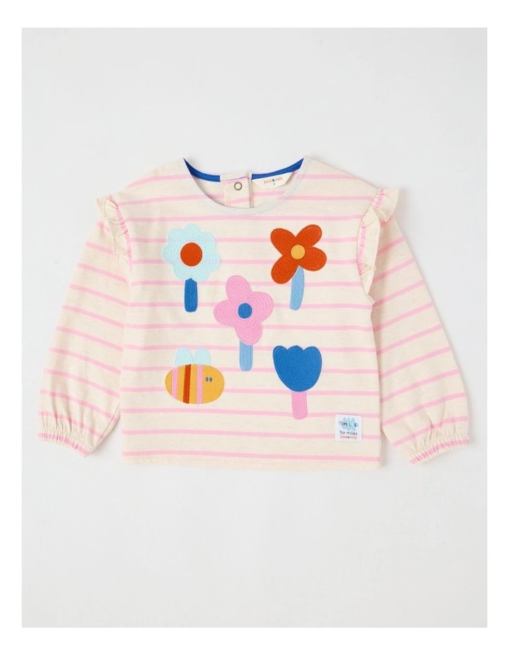 May Stripe Top with Embroidery in Oat Marle image 1