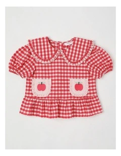 Rita Gingham Top with Apple Embroidery in Pink