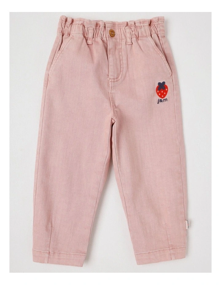 Margo Paperbag Waist Jean with Strawberry Embroidery in Pink image 1