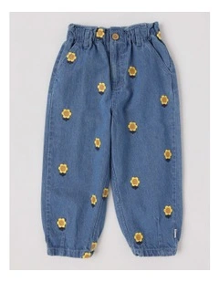 Queenie Denim Paperbag Waist Jean with Embroidered Sunflowers