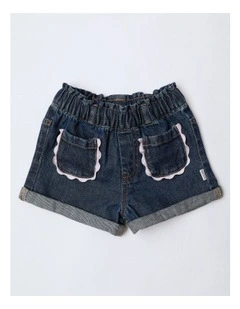 Essentials Izzie Denim Short With Patch Pockets And Ric Rac Trim In Denim