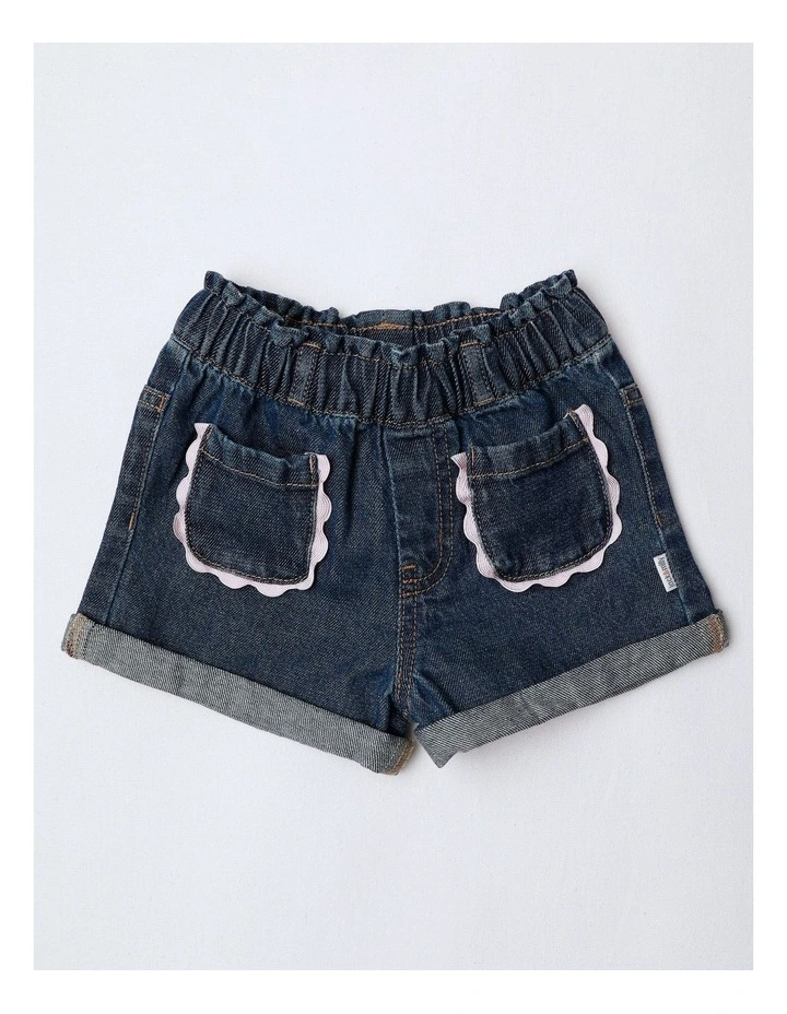 Essentials Izzie Denim Short With Patch Pockets And Ric Rac Trim In Denim image 1