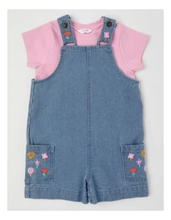 Molly Denim Shortall and Rib Tee Set with Flower Embroidery in Denim