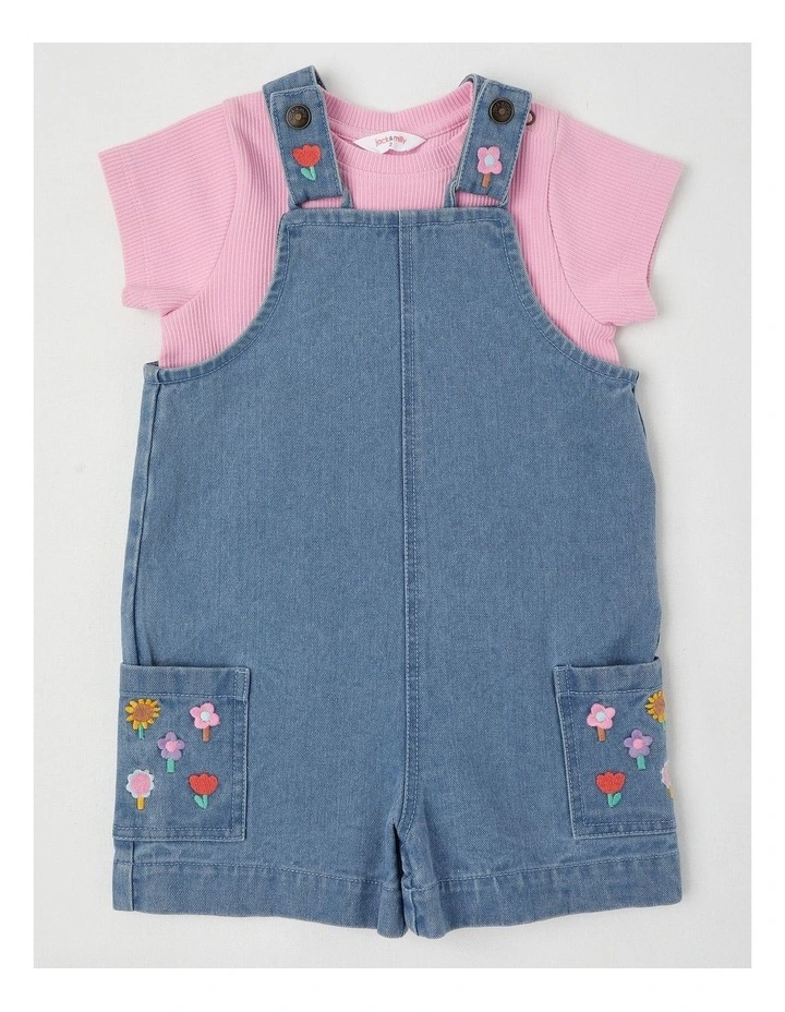 Molly Denim Shortall and Rib Tee Set with Flower Embroidery in Denim image 1