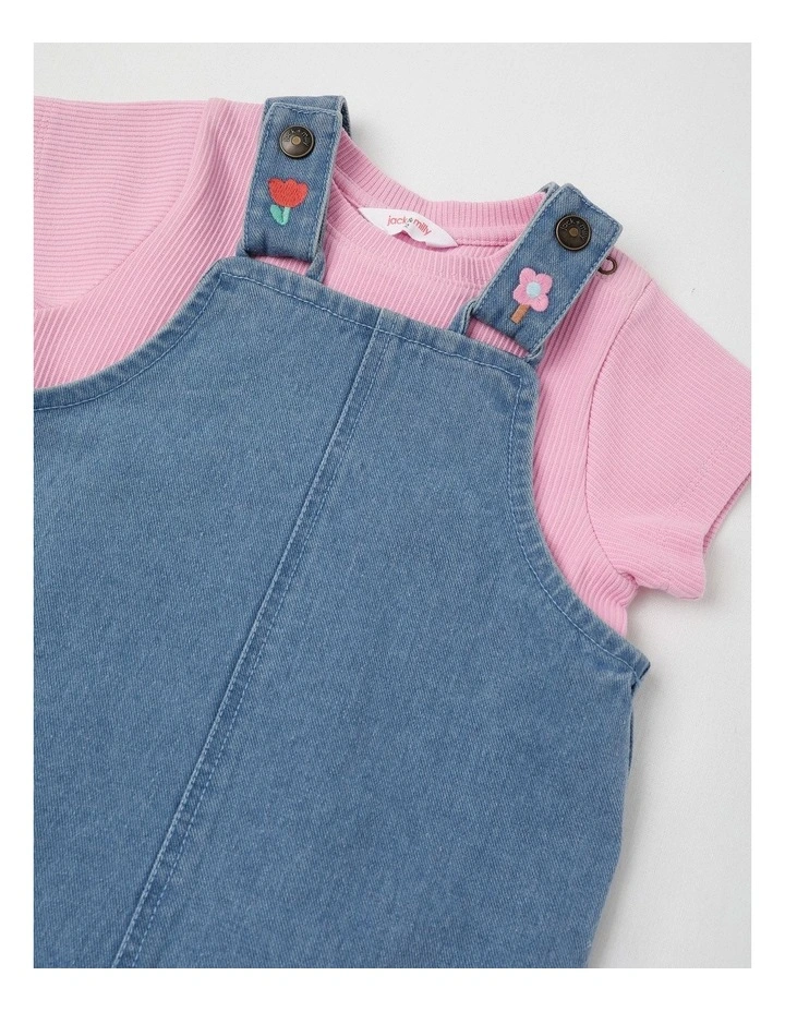 Molly Denim Shortall and Rib Tee Set with Flower Embroidery in Denim image 2