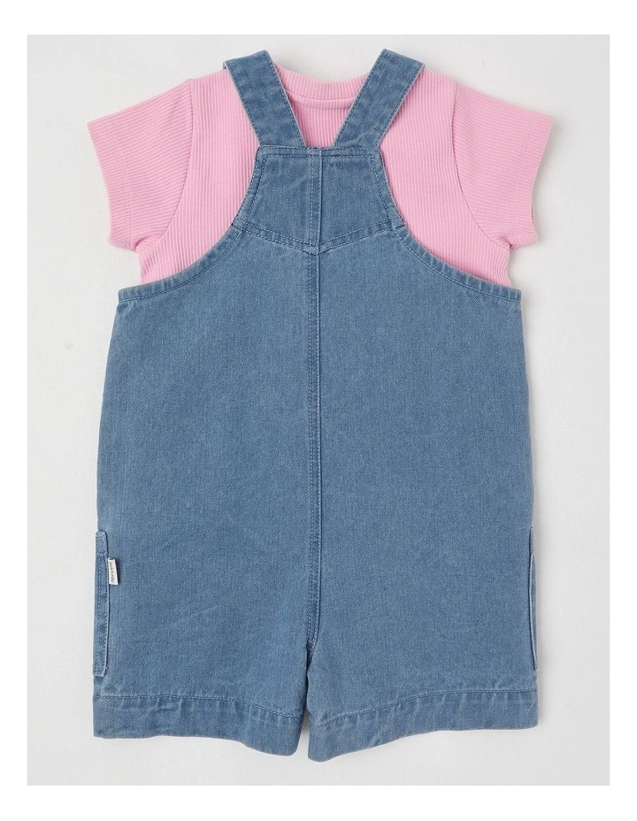 Molly Denim Shortall and Rib Tee Set with Flower Embroidery in Denim image 3