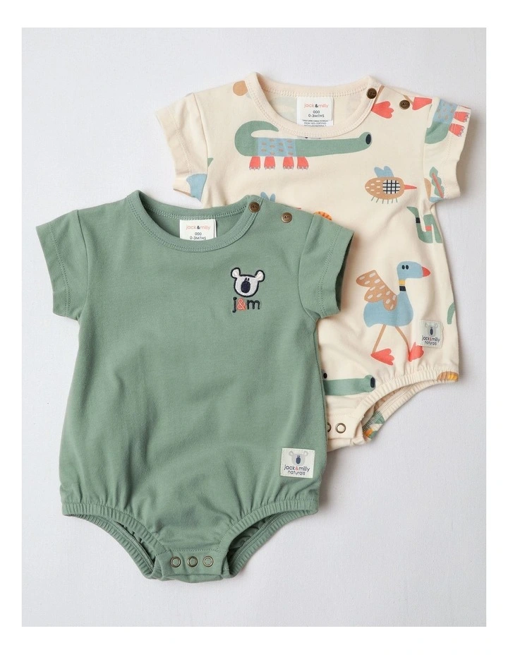 Naturals 2 Pack Rib Bodysuits with Koala Embroidery in Green image 1