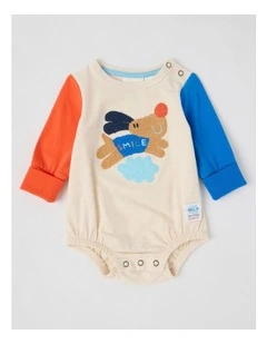 Freddie Newborn Bodysuit with Doggo Boucle in Red and Oatmeal