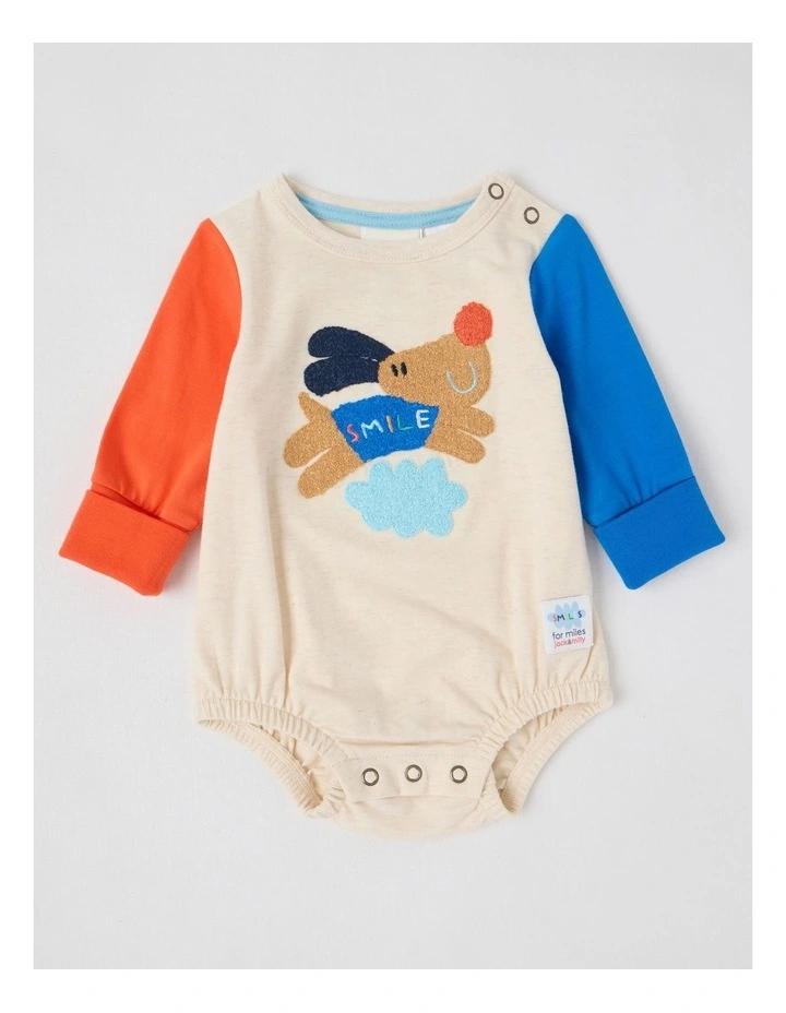 Freddie Newborn Bodysuit with Doggo Boucle in Red and Oatmeal image 1