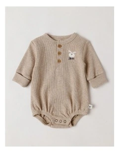 Naturals Newborn Dusty Waffle Bodysuit with Embroidery in Light Brown