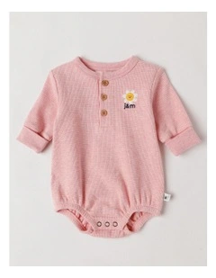 Naturals Newborn Dusty Waffle Bodysuit with Embroidery in Pink