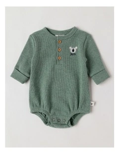 Naturals Newborn Dusty Waffle Bodysuit with Embroidery in Green