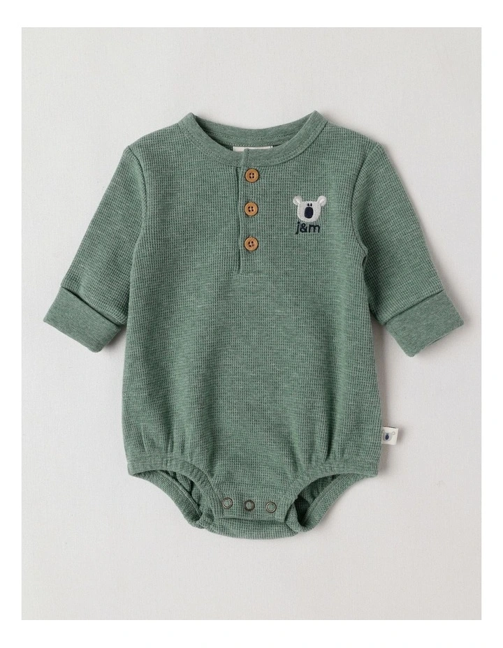 Naturals Newborn Dusty Waffle Bodysuit with Embroidery in Green image 1