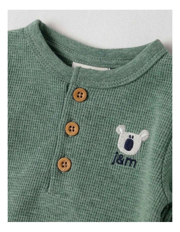 Naturals Newborn Dusty Waffle Bodysuit with Embroidery in Green image 2