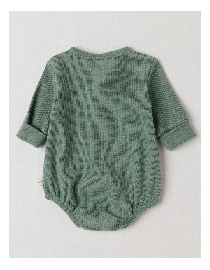 Naturals Newborn Dusty Waffle Bodysuit with Embroidery in Green image 3