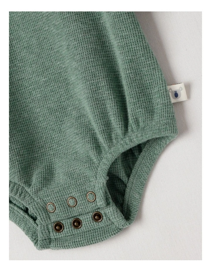 Naturals Newborn Dusty Waffle Bodysuit with Embroidery in Green image 4