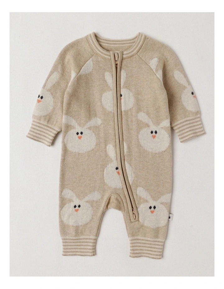 Naturals Newborn Billie Double Knit Bunny Jacquard Coverall in Light Brown image 1