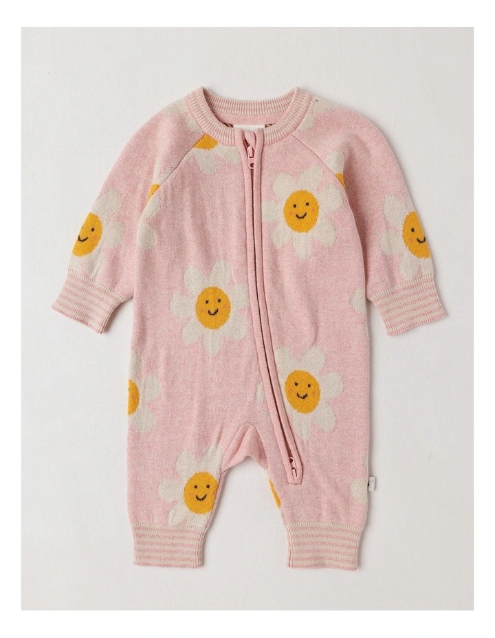 Naturals Newborn Billie Double Knit Daisy Jacquard Coverall in Pink image 1