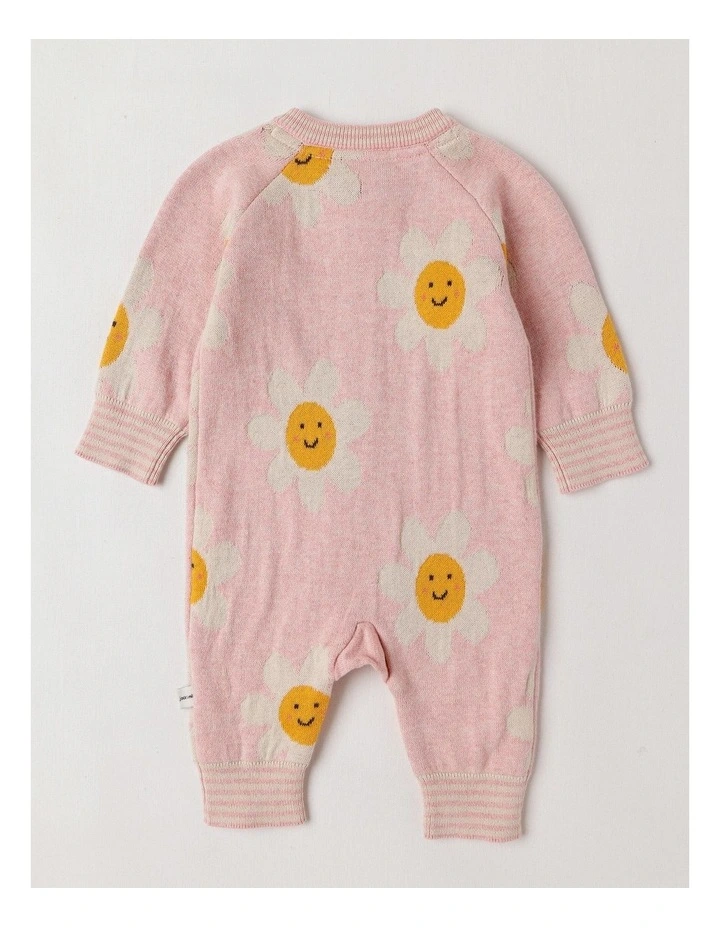 Naturals Newborn Billie Double Knit Daisy Jacquard Coverall in Pink image 3
