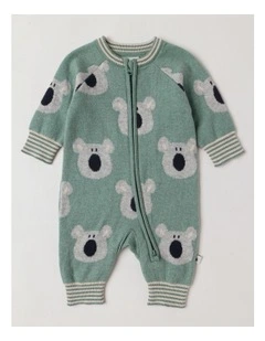 Naturals Newborn Billie Double Knit Koala Jacquard Coverall in Green