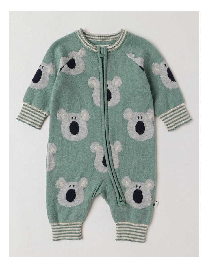 Naturals Newborn Billie Double Knit Koala Jacquard Coverall in Green image 1