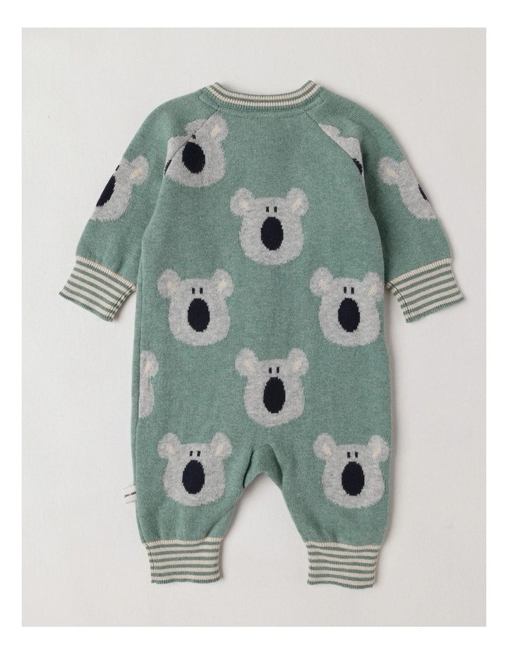 Naturals Newborn Billie Double Knit Koala Jacquard Coverall in Green image 3