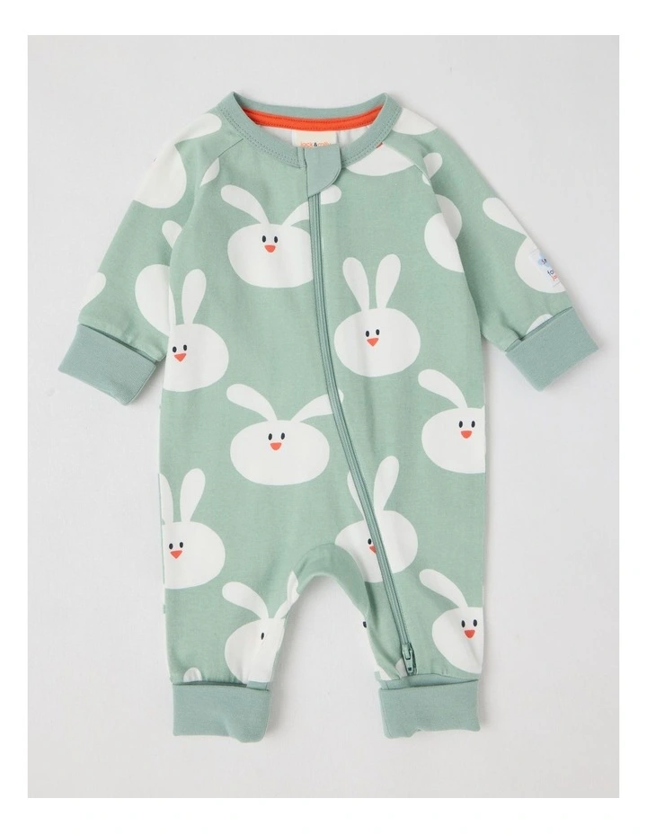 Clancy Newborn Coverall with Bunny Print in Sage image 1