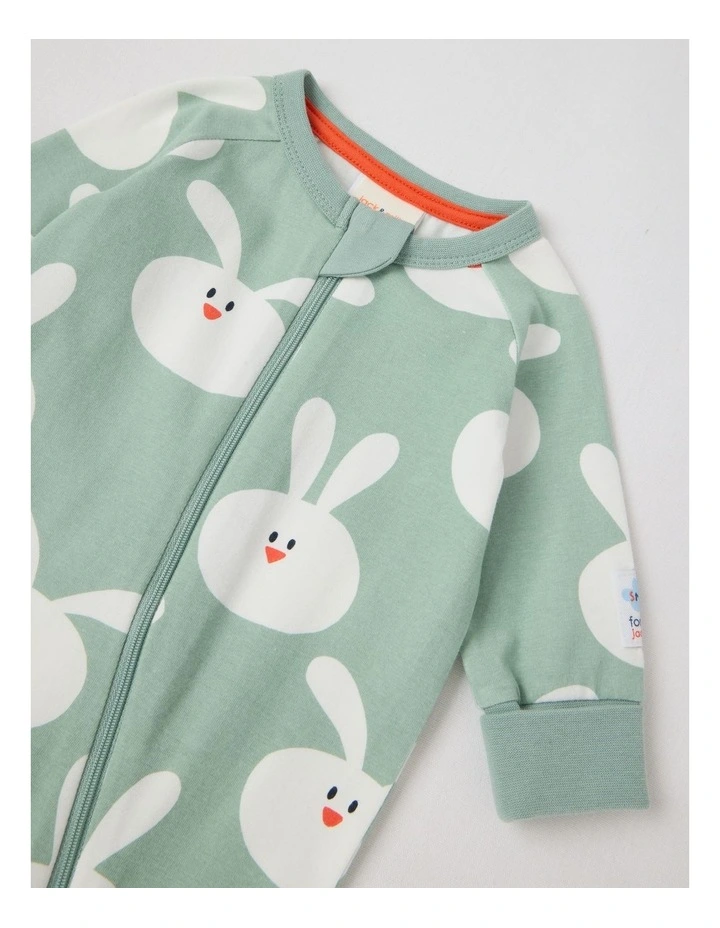 Clancy Newborn Coverall with Bunny Print in Sage image 2
