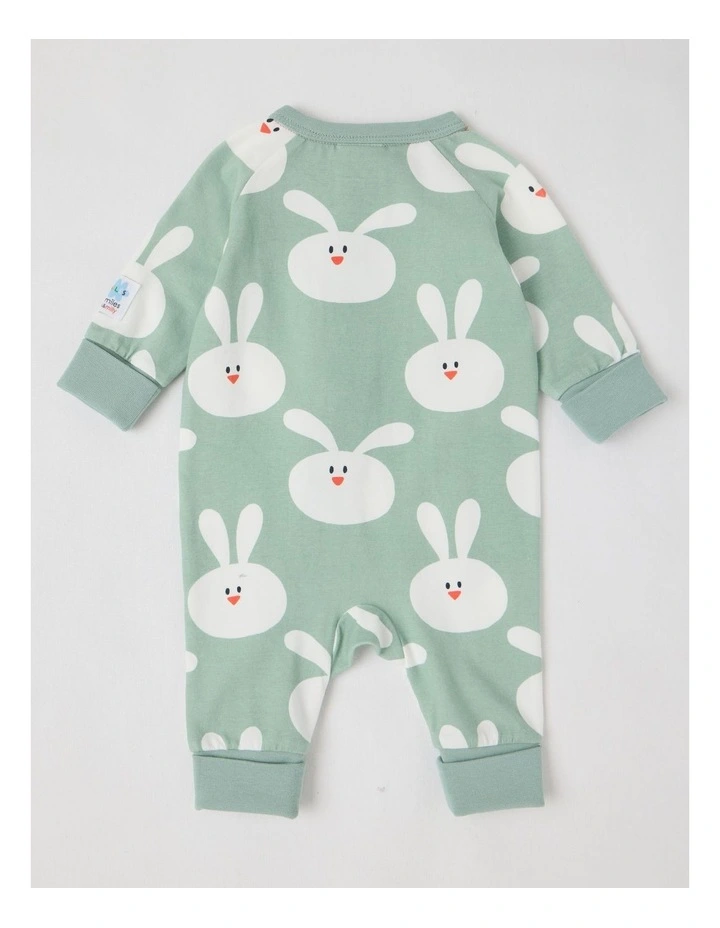 Clancy Newborn Coverall with Bunny Print in Sage image 3