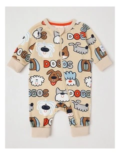 Clancy Newborn Coverall with Doggo Print in Tan