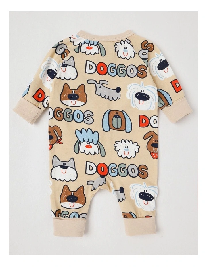 Clancy Newborn Coverall with Doggo Print in Tan image 3