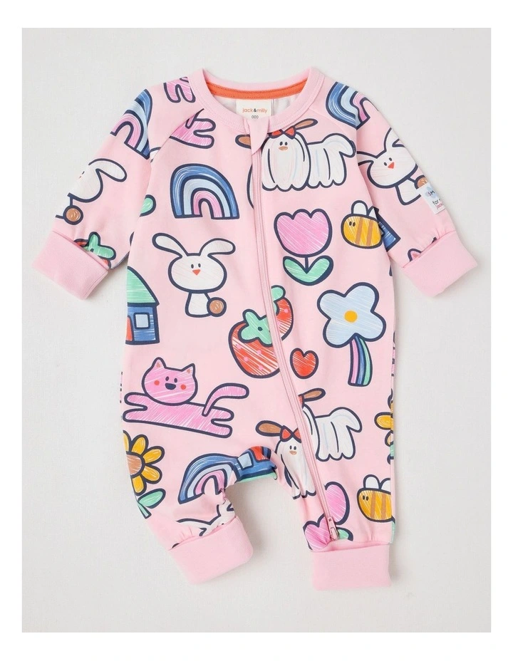 Clancy Newborn Coverall with Sketchbook Stories Print in Light Pink image 1