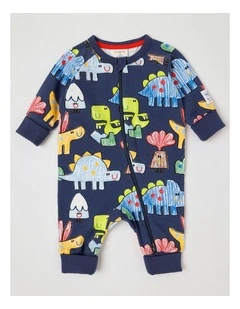 Clancy Newborn Coverall with Crayon Dinos Print in Navy