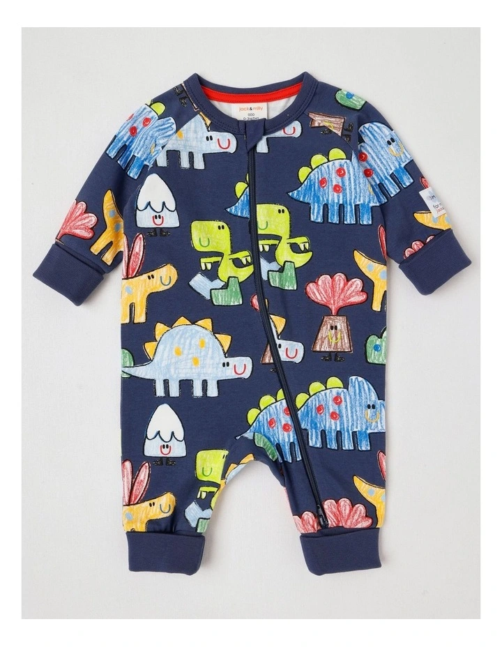 Clancy Newborn Coverall with Crayon Dinos Print in Navy image 1