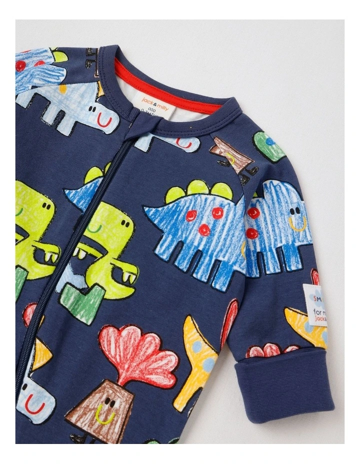 Clancy Newborn Coverall with Crayon Dinos Print in Navy image 2