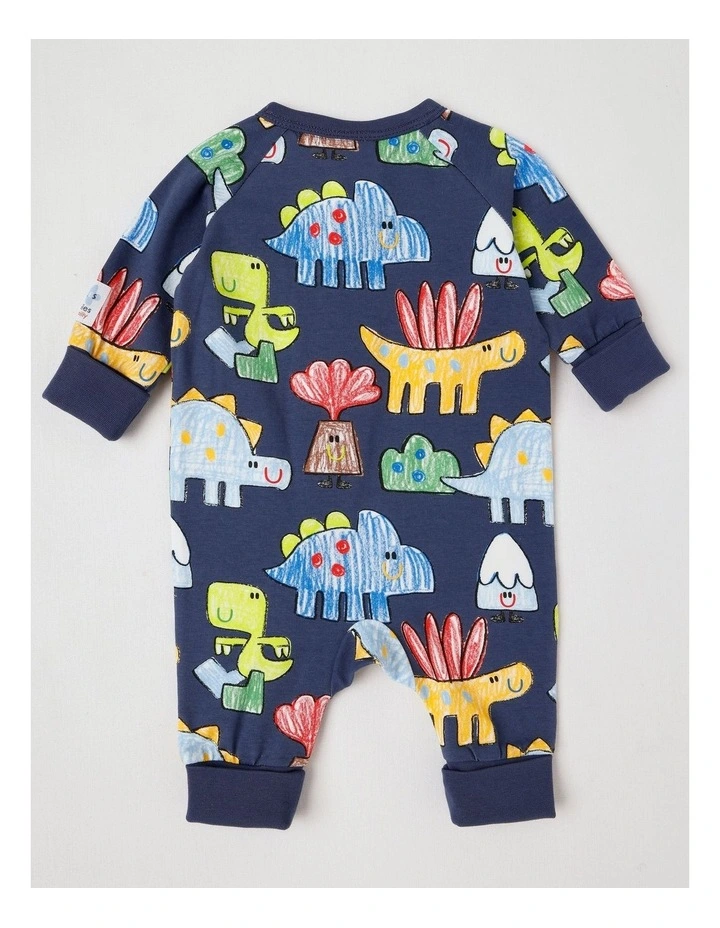 Clancy Newborn Coverall with Crayon Dinos Print in Navy image 3