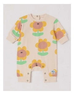 Spider French Terry Romper with Sunny Print in Oatmeal