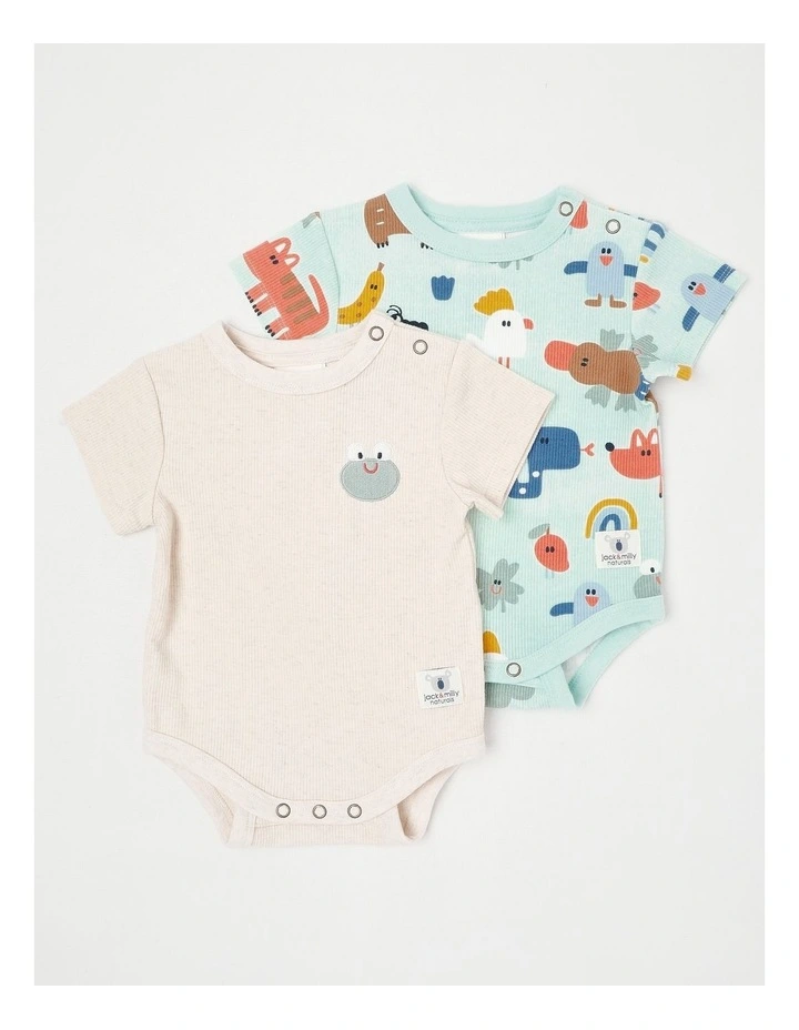 Naturals Charlie 2 Pack Bodysuit Set with Frog Embroidery in Oat Marle image 1