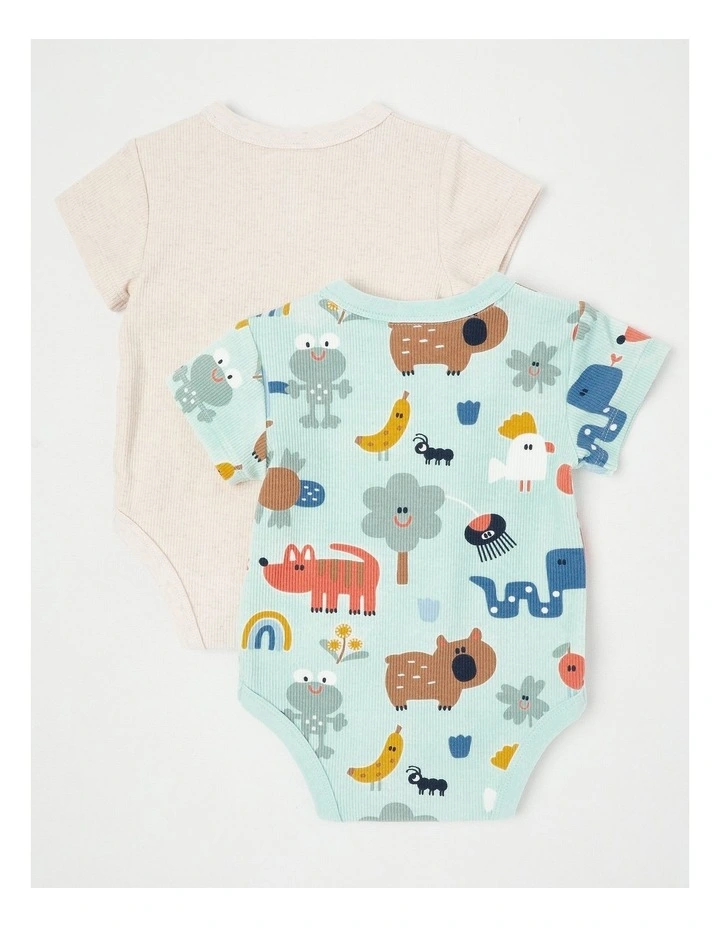 Naturals Charlie 2 Pack Bodysuit Set with Frog Embroidery in Oat Marle image 3