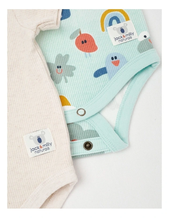 Naturals Charlie 2 Pack Bodysuit Set with Frog Embroidery in Oat Marle image 4