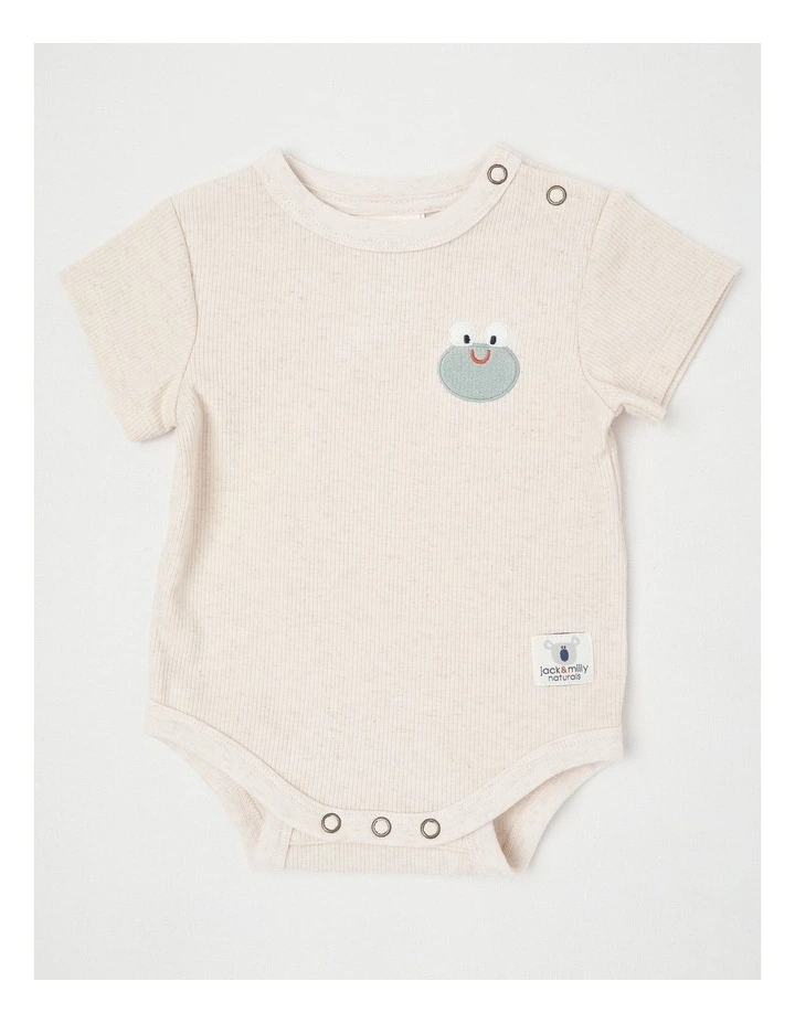 Naturals Charlie 2 Pack Bodysuit Set with Frog Embroidery in Oat Marle image 5