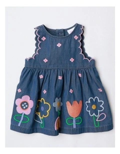 Ella Denim Dress With Scallop Edges And Embroidery in Denim
