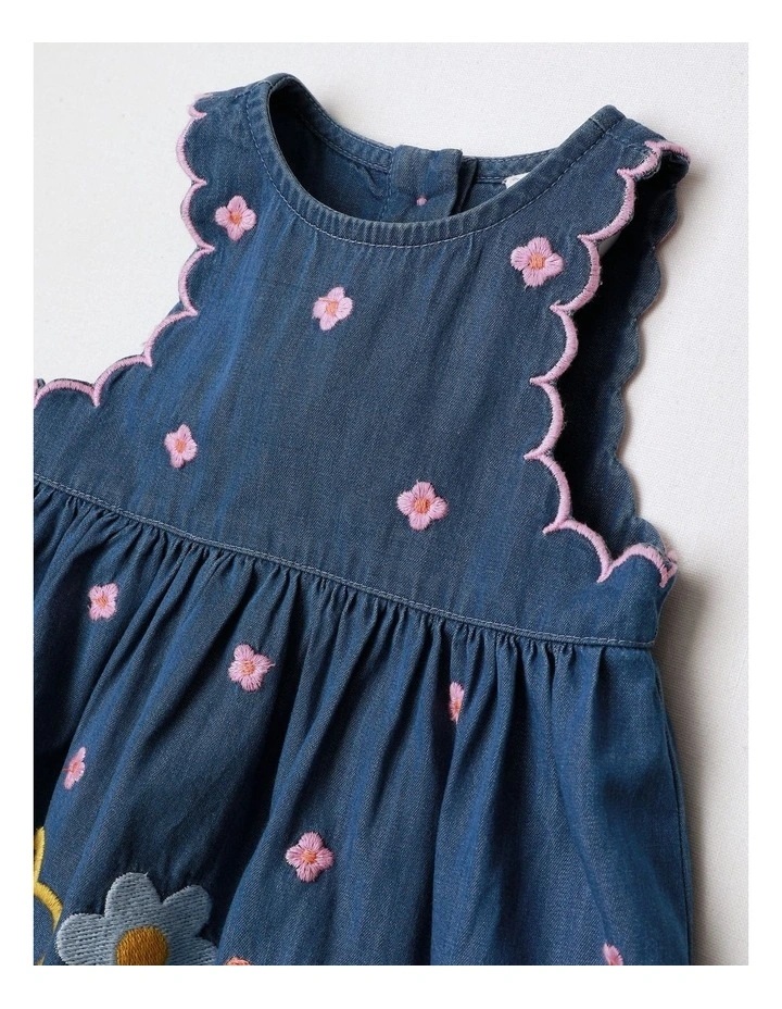 Ella Denim Dress With Scallop Edges And Embroidery in Denim image 2