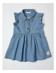Elsie Denim Frill Sleeve Shirt Dress With Daisy Embroidery in Denim