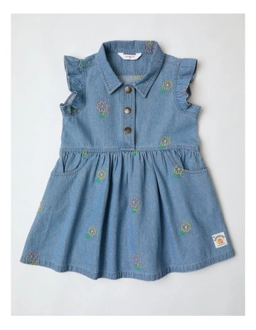Elsie Denim Frill Sleeve Shirt Dress With Daisy Embroidery in Denim