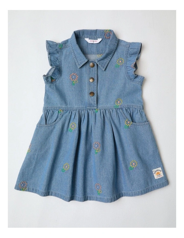 Elsie Denim Frill Sleeve Shirt Dress With Daisy Embroidery in Denim image 1