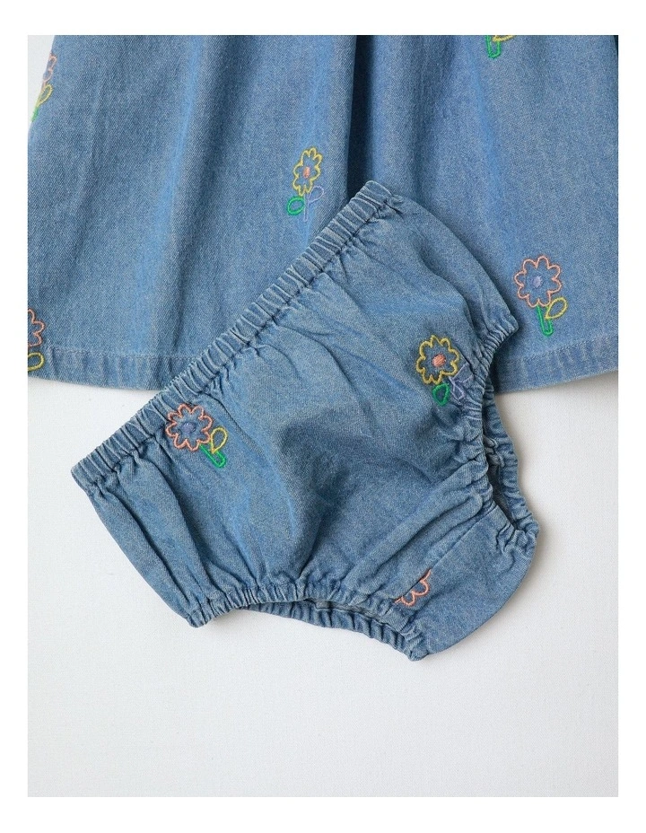 Elsie Denim Frill Sleeve Shirt Dress With Daisy Embroidery in Denim image 2