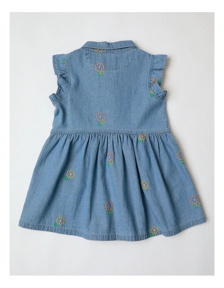 Elsie Denim Frill Sleeve Shirt Dress With Daisy Embroidery in Denim image 3