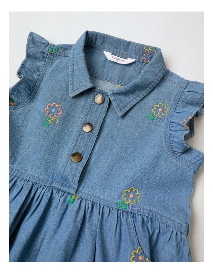 Elsie Denim Frill Sleeve Shirt Dress With Daisy Embroidery in Denim image 4