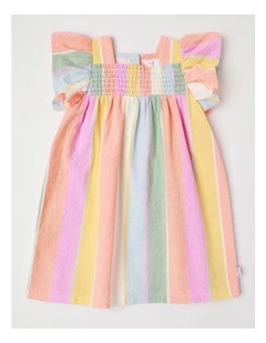 Kelly Yarn-dyed Crepe Striped Dress With Shirring in Rainbow